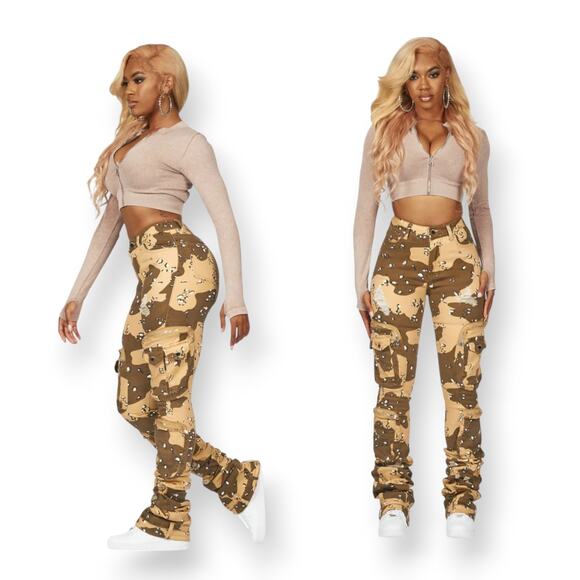 Rockstar Original Super Stacked Jean Alisson Desert Camo Cargo Women M Retro - Picture 1 of 16